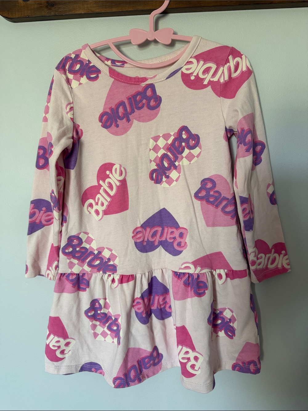 Barbie Pink and Purple Heart Print Long-Sleeve Dress